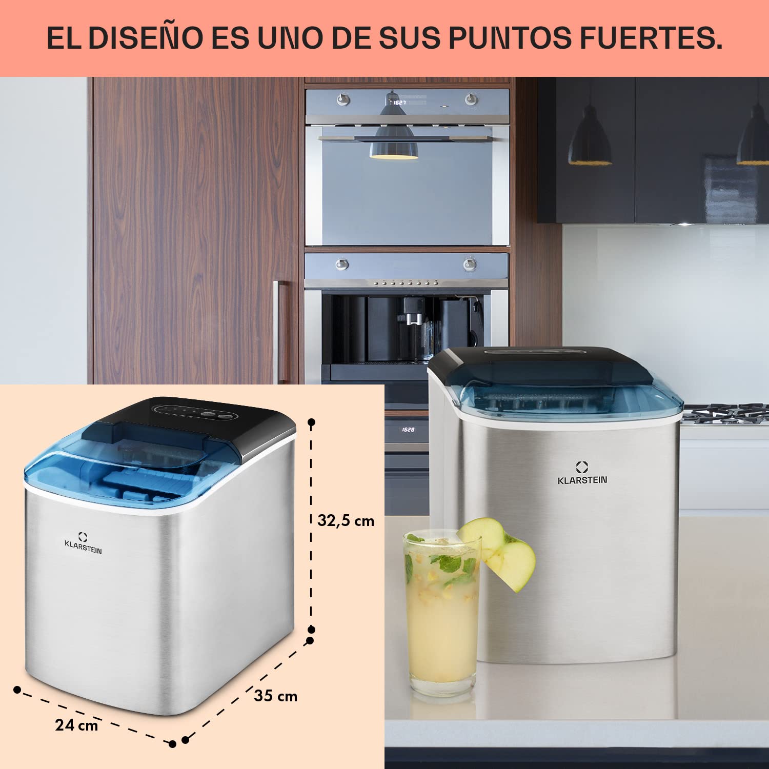Klarstein On-The-Rocks - Máquina de Hacer Hielo, Fabricadora de Cubitos, 12 kg/24 h, Autolavado, Silenciosa, 2 tamaños, 6-12 min, 2,1 L, Apagado automático, 120 W, Acero Inoxidable, Negro