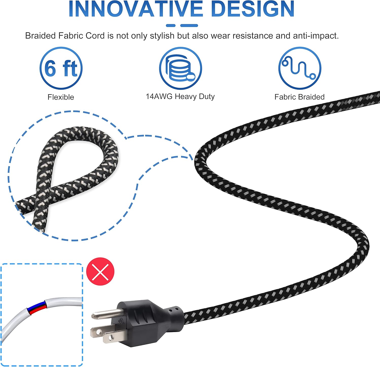 6 Outlets Metal Power Strip Surge Protector with Long Extension Cord 6 feet, 3 Prong Wall Mountable, Overload Protection Switch ON/Off, Black Heavy Duty Power Strip for Home, Office, Dorm Essentials