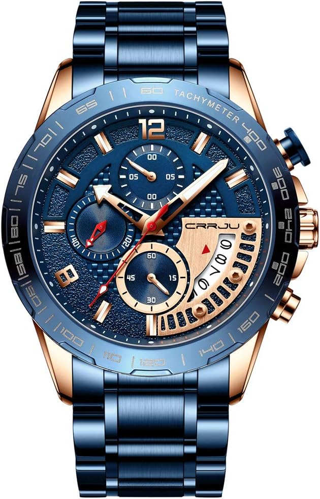 CRRJU Men's Watches Luxury Stainless Steel Band and Casual Waterproof Sport Quartz Watch for Men, Unique Auto Date Militry Mens Watches