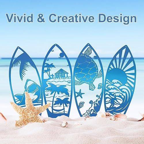 Miniatura 3 de 4 piezas de tabla de surf de metal para decoración de pared, tabla de surf de verano, letreros de playa, tiburón, palmera, arte de pared, decoración