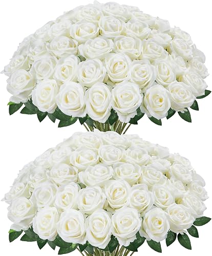 InnoGear White Roses Artificial Flowers 50 Pcs Fake Velvet Silk Rose Floral | Bulk, Indoor, Outdoors, White, 50 Pcs, Pliable Long Stems, Wedding Decor, Bridal Shower, Bouquet, Centerpieces, Easy to Cut
