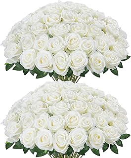 InnoGear 50 Pcs White Roses Artificial Flowers, Fake Velvet Silk Rose Bu...