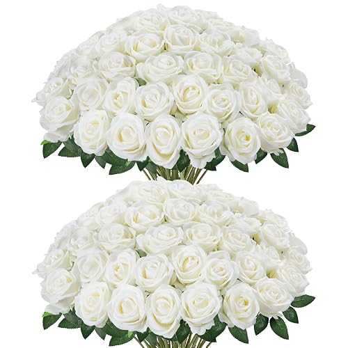 InnoGear 50 Pcs White Roses Artificial Flowers, Fake Velvet Silk