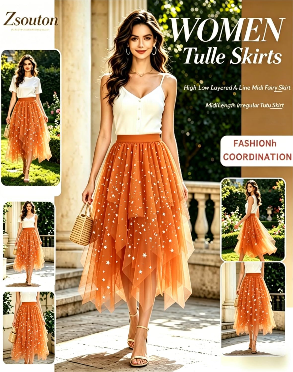 Women's Tulle Skirt High Low Layered A-Line Midi Fairy Skirt - Midi Length Irregular Tutu Skirt for Party 80s Outfit