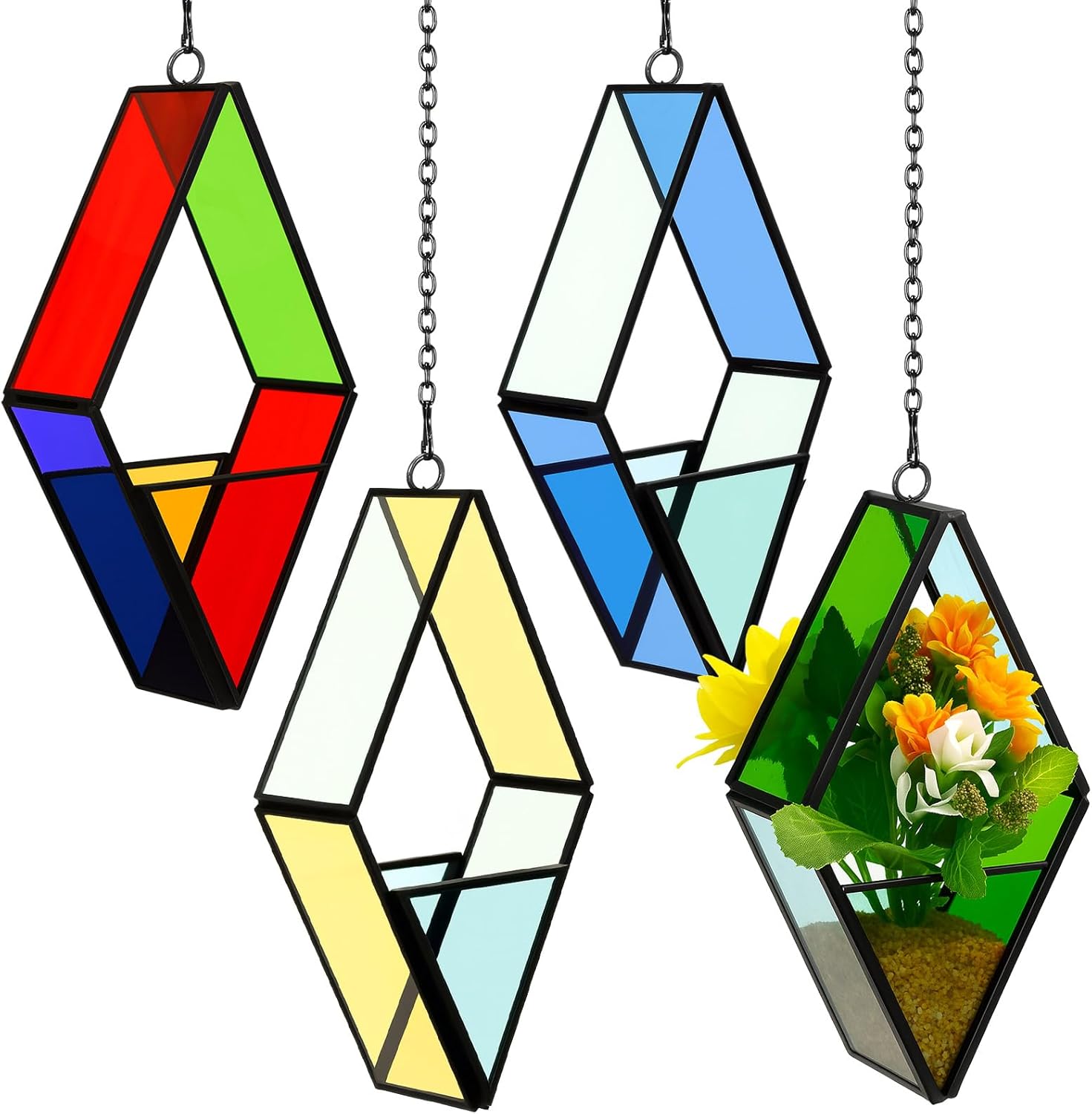 Hushee 4 Pcs Stained Glass Hanging Plant Terrariums Hanging Glass Planter Air Plant Holders with Chain for Window Christmas Home Decor Gifts for Mom Women, 7.87 x 3.94 x 1.97 Inch(Bright Color)