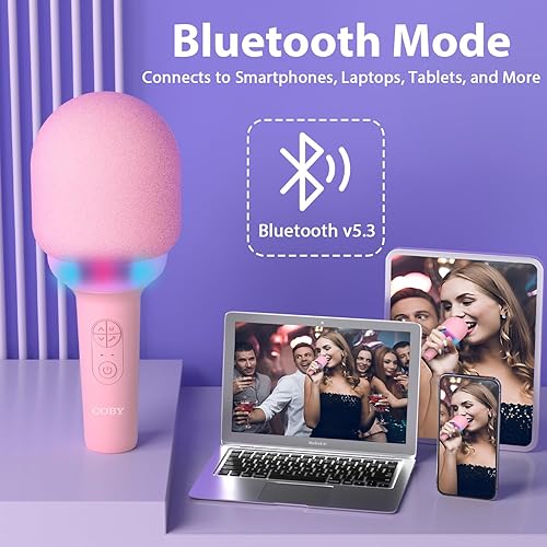 Miniatura 5 de Coby Micrófono LED de karaoke  5 modos de luz súper divertidos  4 modos divertidos de cambio de voz  Modo inalámbrico verdadero para dúos  Micrófono
