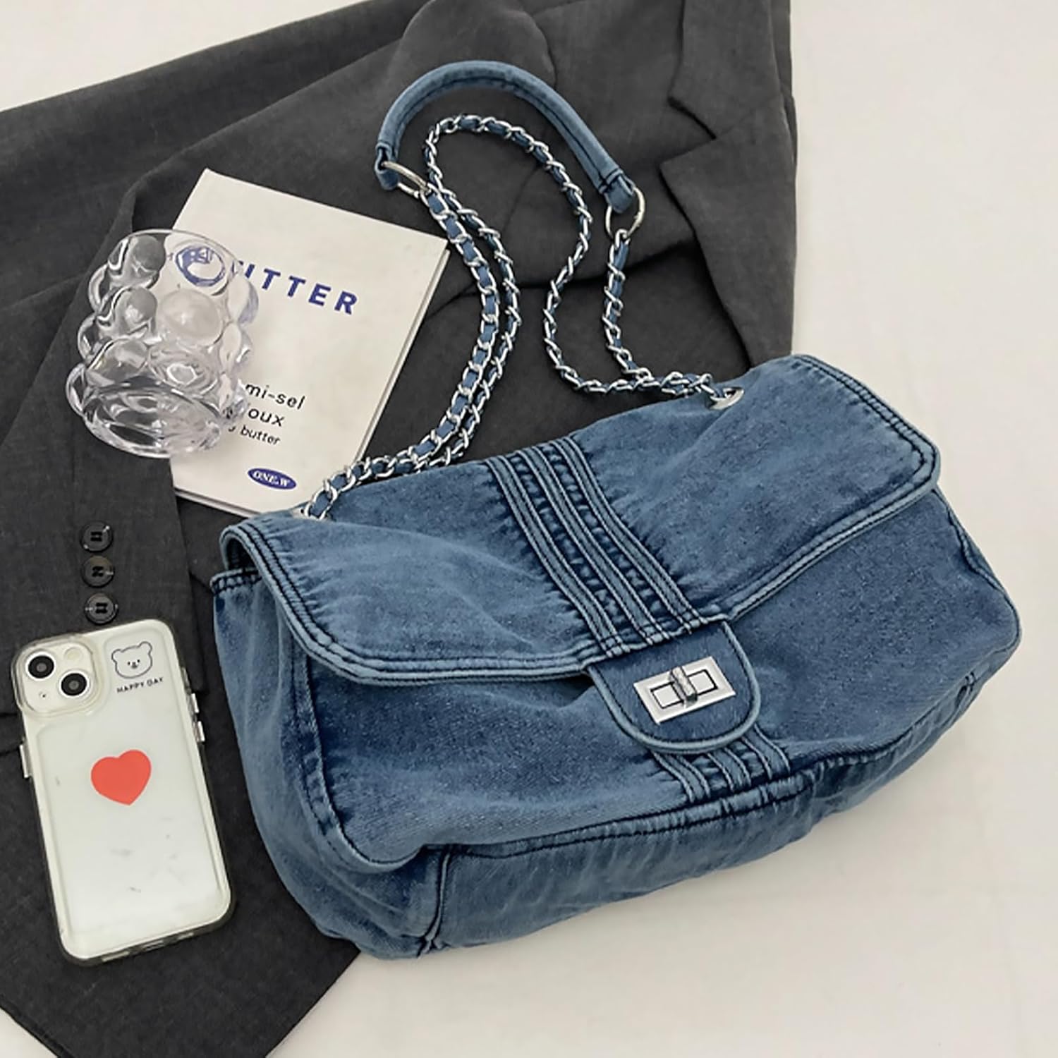 Denim Purse for Women Trendy Jean Purses Large Denim Tote Bag Fashion Crossbody Bags with chain - Image 6