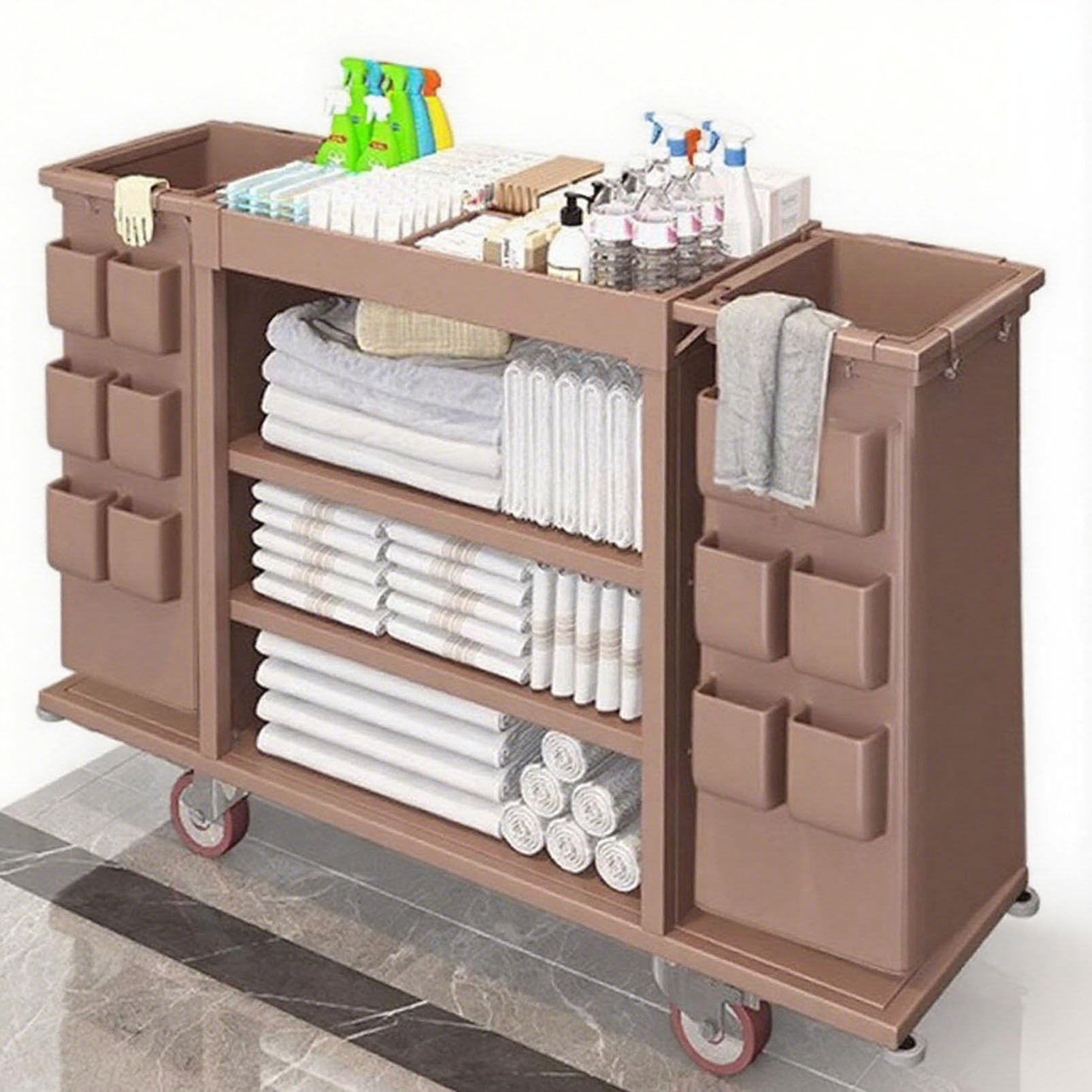 LJYKBFL Commercial Housekeeping Cart, Heavy Duty Rolling Janitorial Trolley with Silent Wheels, Cleaning Supplies Organization Mop Rack, Large Capacity Cleaning Supply Cart