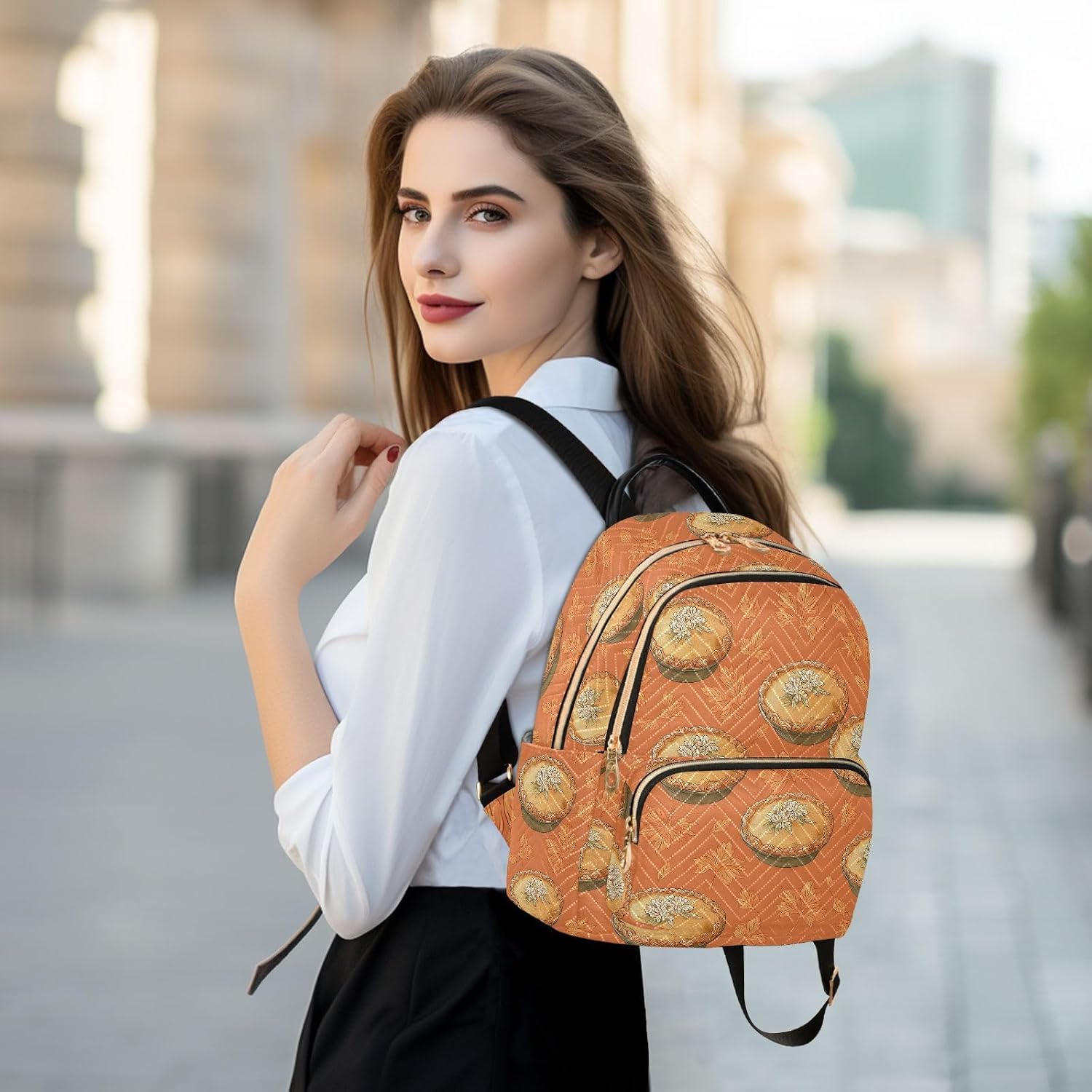 Pumpkin Pie Leaves Orange Backpack Purse for Women Shoulder Bag Fashion Daypack Ladies Handbag Lightweight Travel Bag Rucksack
