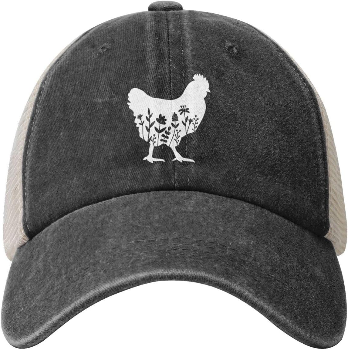 Women's Floral Chicken Trucker Hat for Dad Mom, Vintage Distressed Adjustable Washed Baseball Cap for Men Women - Image 2