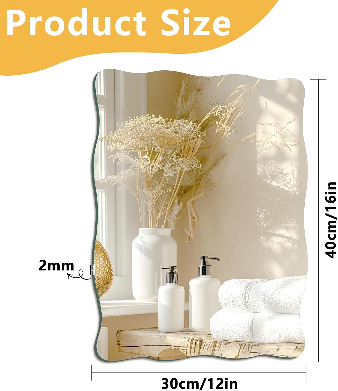 TSKDKIT Wall Mirror 40 x 30 cm Stick On Mirror for Walls, Self Adhesive Frameless HD Glass Wavy Mirrors for Bathroom, Hallway, Bedroom