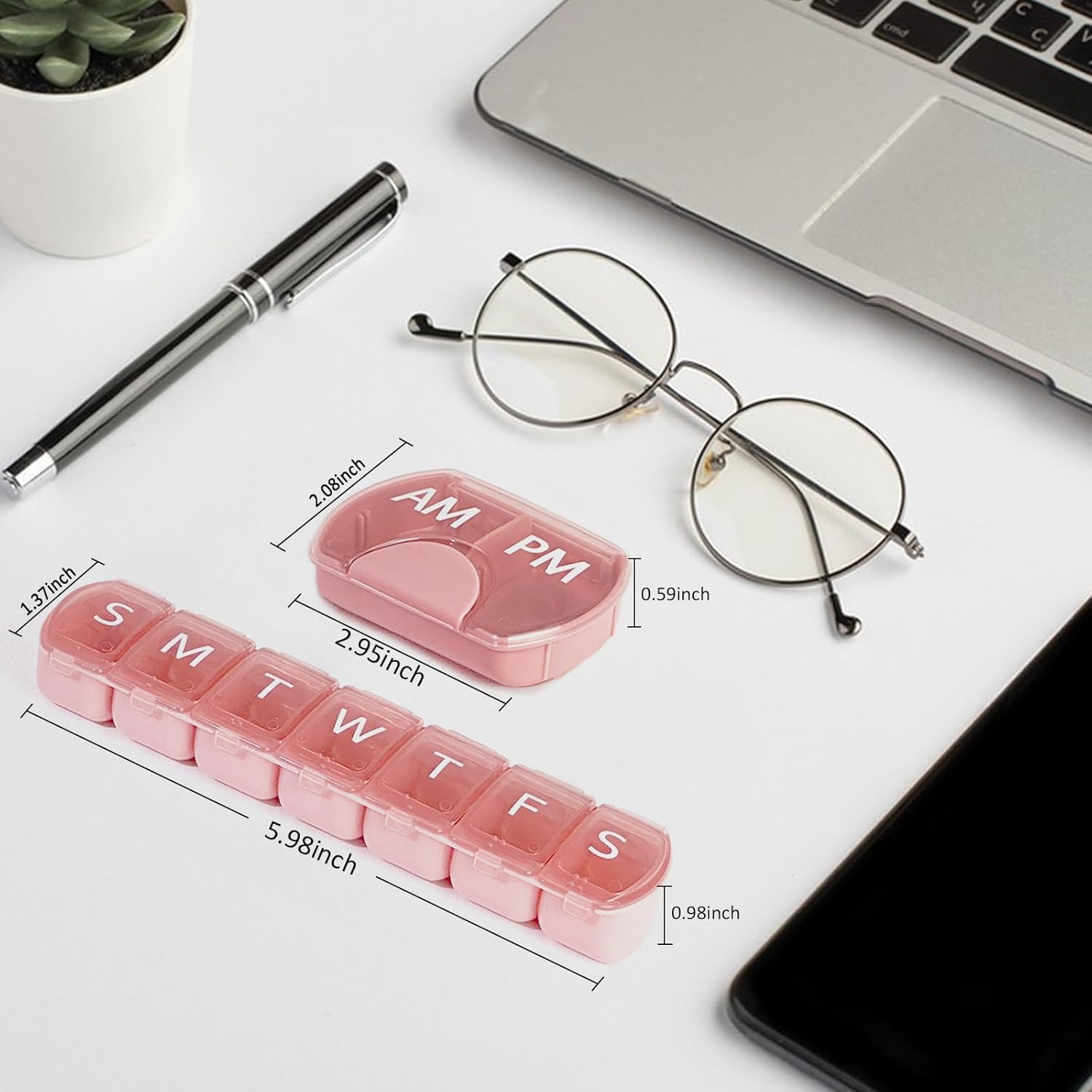 10 Pack (Weekly & Daily), 2 Times a Day (AM/PM) + 7-Day Pill Organizer, Vitamin Planner, Large Capacity Pill Box Set, Travel Pill Case for Medication/Vitamins/Fish Oils/Supplements, Pink