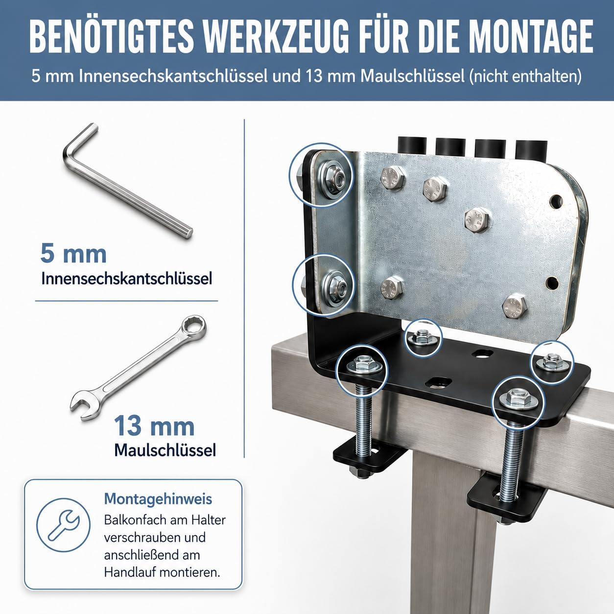 Adaptateur de support d'éventail de balcon rectangulaire pour balustrade de balcon jusqu'à 160 cm x 160 cm Fixation / support / adaptateur de qualité supérieure sur la balustrade sans perçage