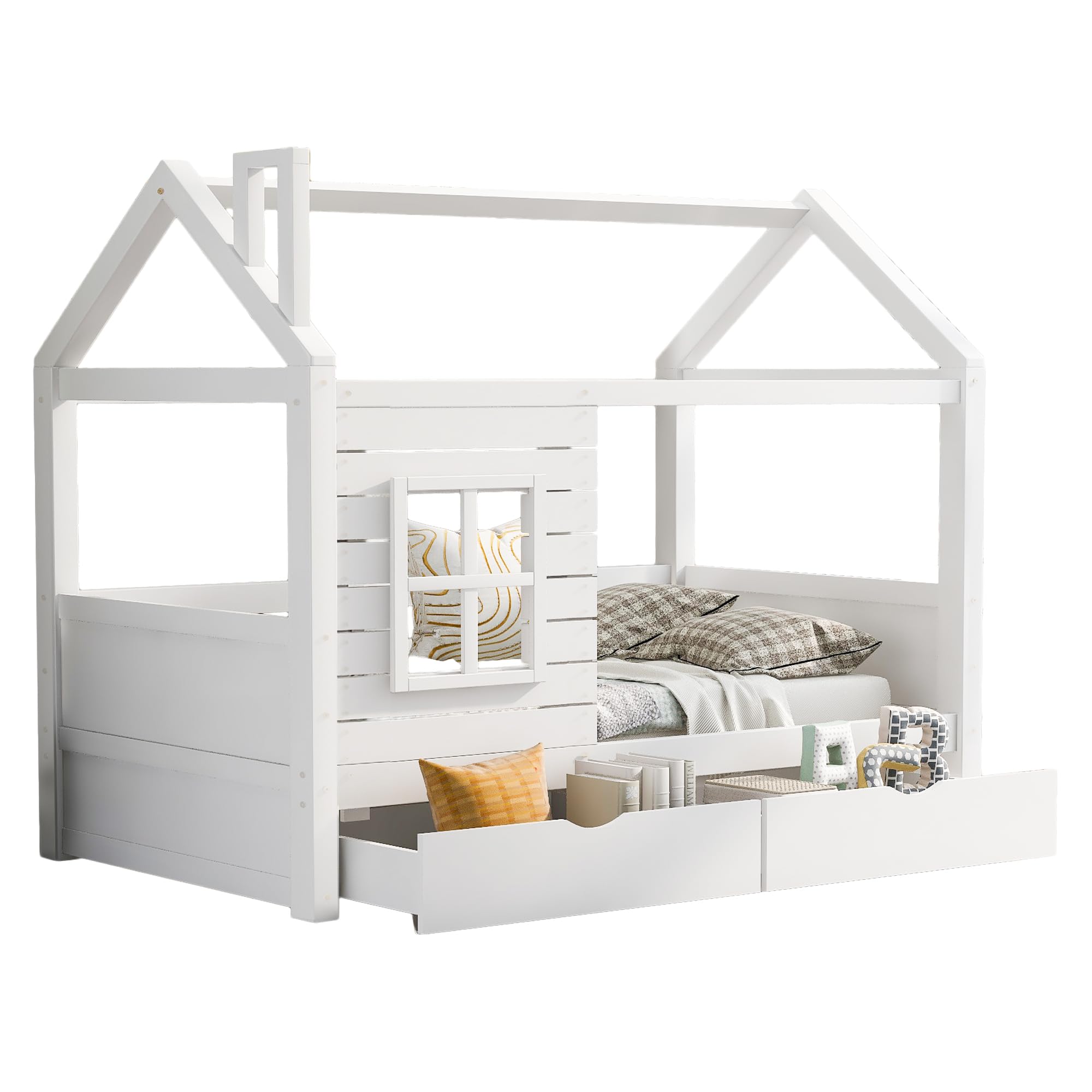 Hausbett Kinderbett Jugendbett 90x200 mit Rausfallschutz vielseitiges Holz Kinderbett für Jungen & Mädchen, Massivholz Kinder Bett mit Rausfallschutz Fenster und Lattenrost, Weiss