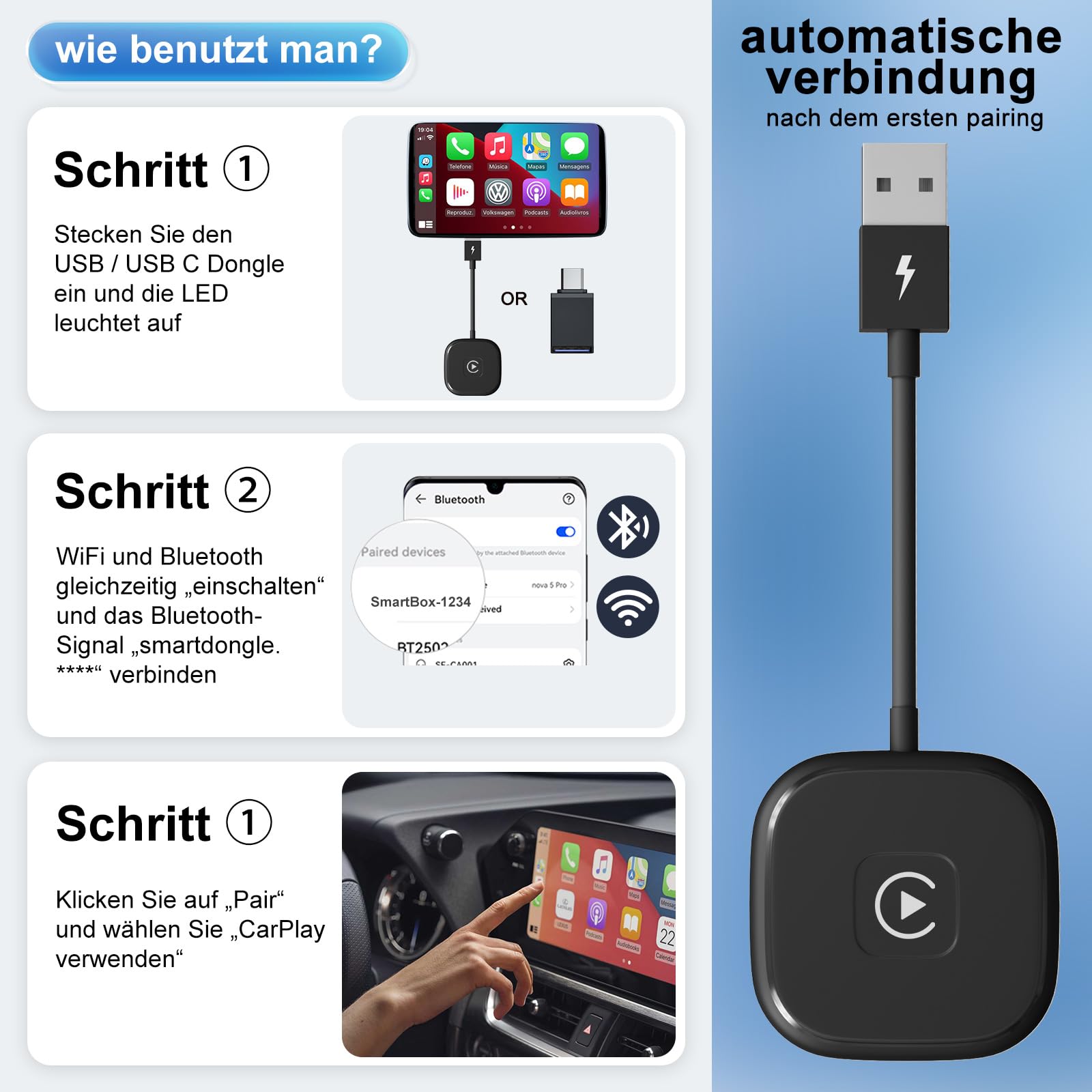 CarPlay Wireless Adapter, Wireless CarPlay Adapter für iPhone, Superschnelle Upgrade von Wired auf Wireless, Kompatibel mit iPhone iOS 11+ und Autos mit Wired CarPlay