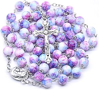 8mm Ocean Beads Catholic Rosary Necklace - Purple Round Beads Miraculous Medal Cross Crystal Religious Necklace