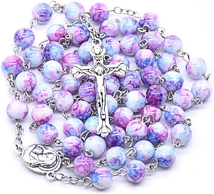 Catholic Rosary Necklace, 8mm Ocean Beads, Miraculous Medal Cross, Purple
