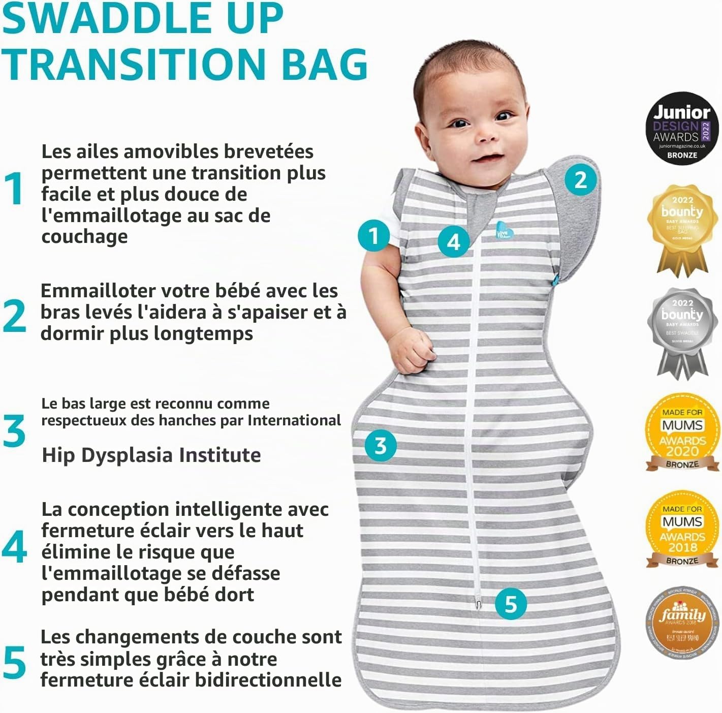 Love To Dream™ Swaddle UP™ Gigoteuse de transition, taille L (8,5-11 kg) - Grise | Extra chaude, coupe ajustée, ailettes zippées | 3,5 Tog | Hiver/automne 14-16 °C | Coton | Zip double sens