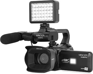 Minolta 64MP Autofocus Video Camera with Microphone & Video Light, 4" Touchscreen, 4K Ultra HD Video, 18x Digital Zoom, WiFi, Stabilizer, 32GB Card, 3100mAh Battery, Carrying Bag Black