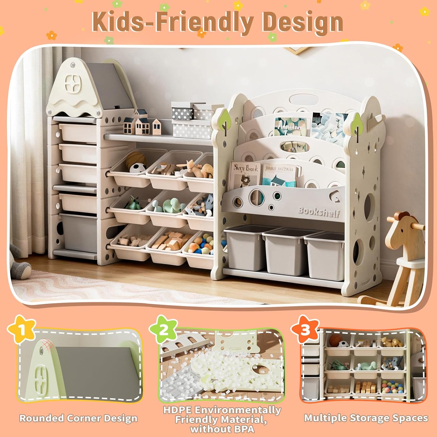 Pipleo Kids Toy Storage Organizer with 17 Removable Bins, 4-Tier Bookshelf for Kids, Multi-Purpose Castle-Shaped Toy Organizer for Playroom, Bedroom, Nursery, Living Room (Beige)