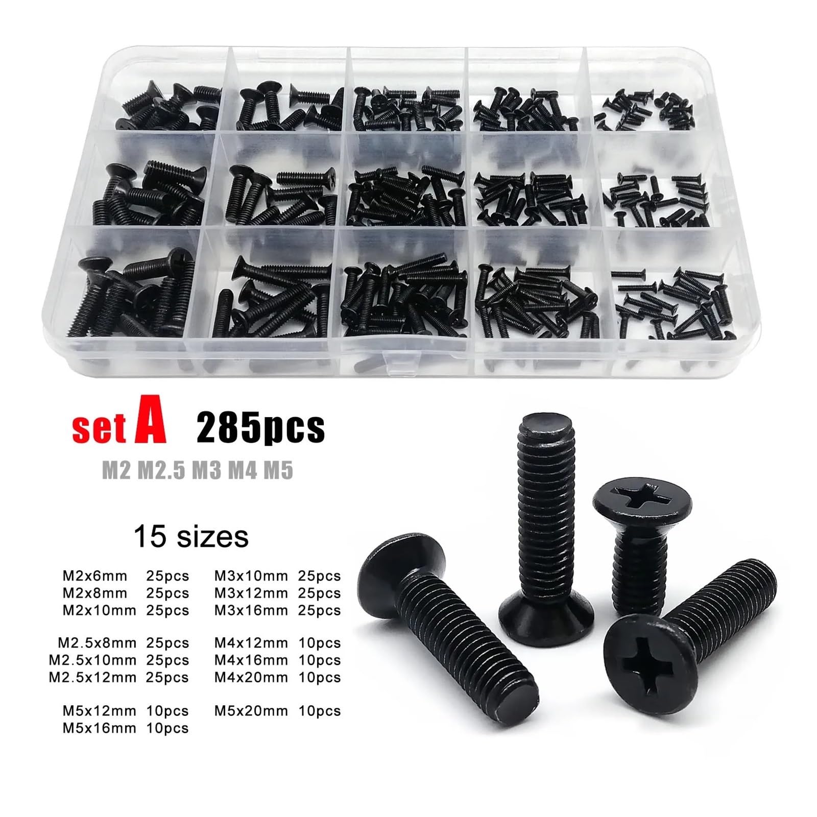 Acero Inoxidable 304, Surtido De Tornillos De Cabeza Avellanada Plana Phillips Negros M2.5 M3 M4 M5 - Kit Surtido De Pernos Y Tuercas (285/1020 Piezas, Caja Incluida)(Set B 1020pcs)