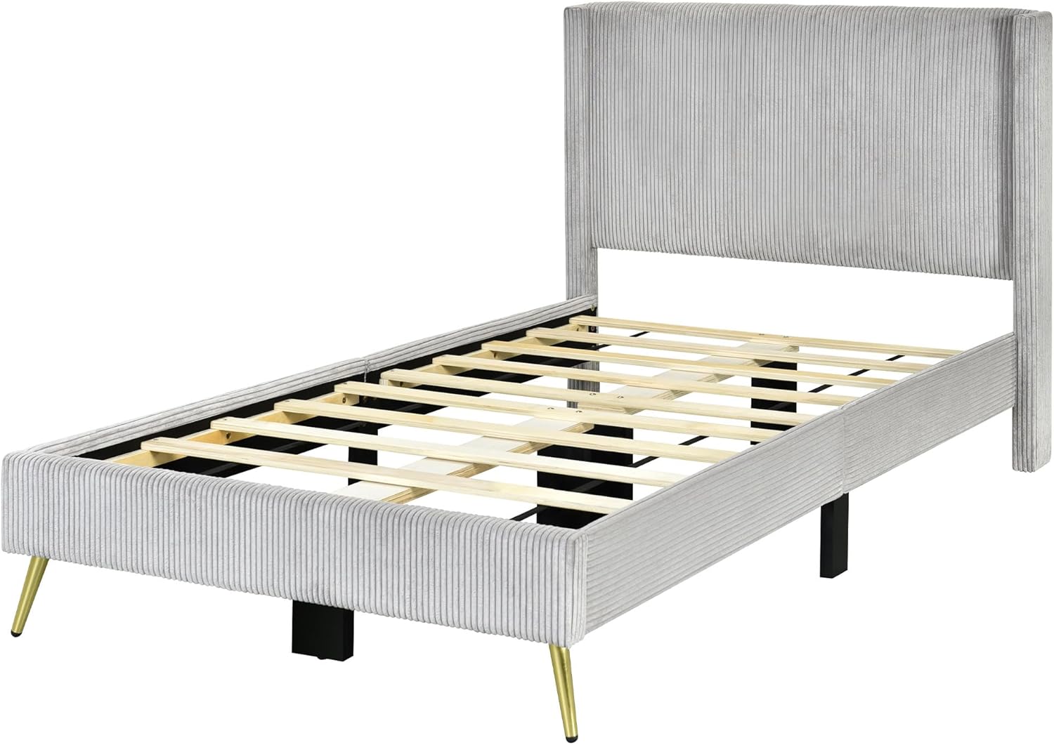 Better Home Products Corduroy Platform Twin Bed with Gold Metal Legs, Solid Wood Frame & Wing Back Headboard in Gray (Gray, Twin)