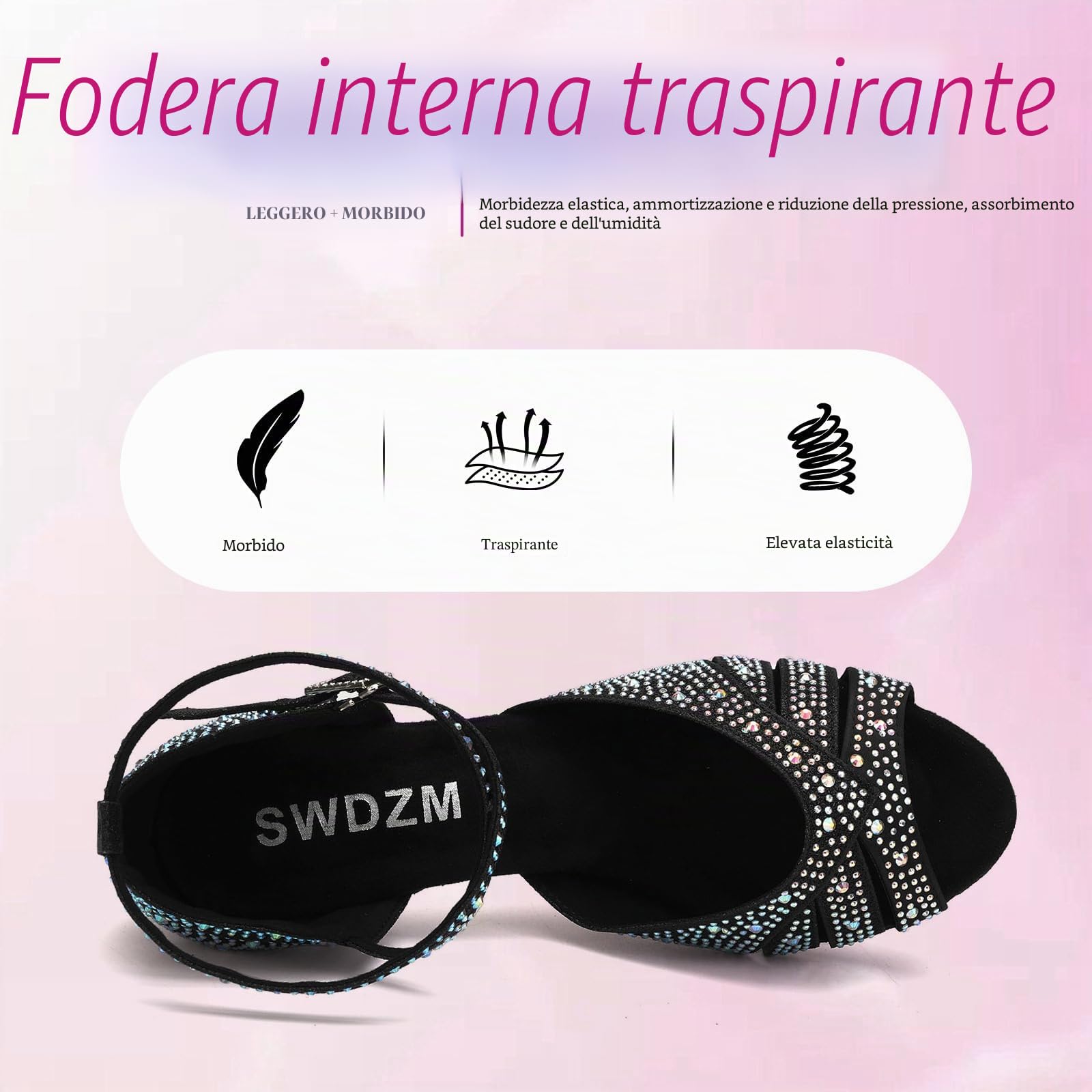 SWDZM Scarpe da Ballo Latino Donna Strass Salsa Bachata Prestazioni Professionale,Zwart,Hakhoogte 7cm,Suède zool,EU 39