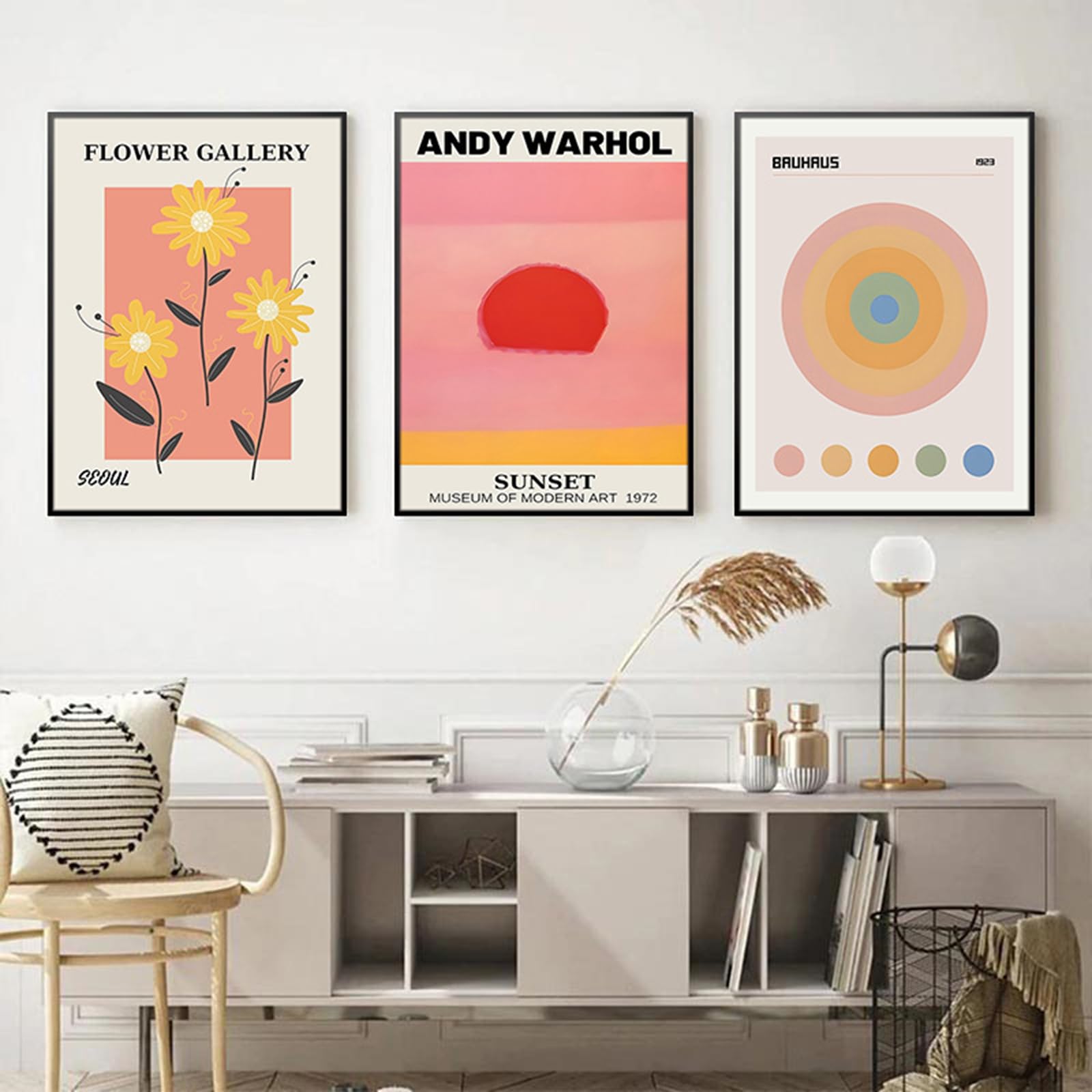 ZBELLO Set of 3 Posters, Boho Pink Sunflower Floral Circle Wall Art, Modern Abstract Canvas Wall Decoration, for The Living Room, Bedroom, Bathroom or Office, Unframed (50x70cm)