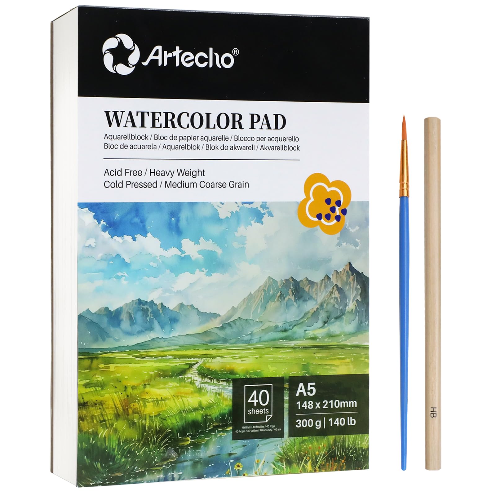 Artecho Aquarellpapier A5 300g 40 Blatt mit Aquarellpinsel und Bleistift, Weiß Aquarellblock 21×14.8 cm, Malblock für Aquarell, Acryl, Zeichnen, Malen.