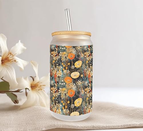 Miniatura 6 de Fall Nature Pattern Frosted Glass Can with Bamboo Lid & Straw 16 Oz Autumn Floral Glass Cup, Sublimated Gift Mugzan