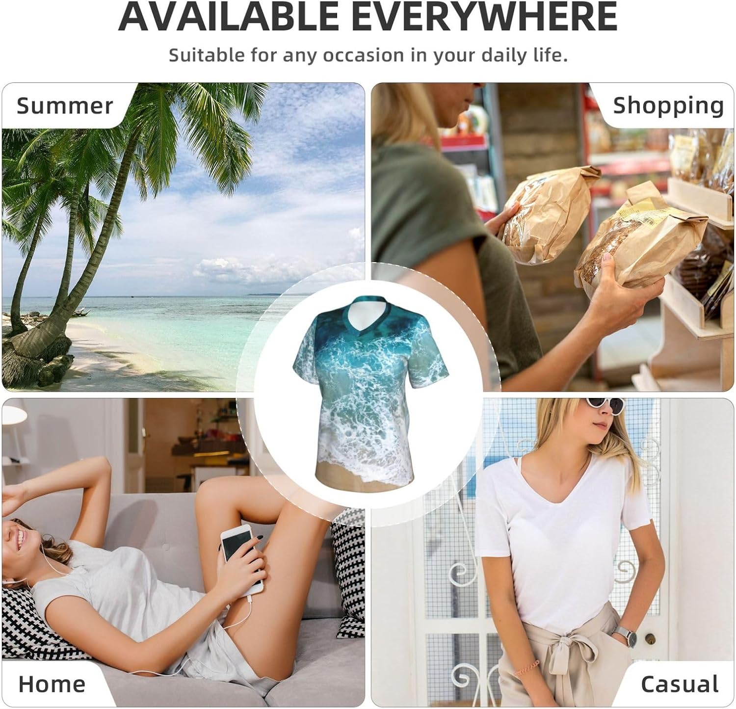 Women Casual Beautiful Ocean Waves Print V-Neck T-Shirt Short Sleeve Summer Trendy Tops.