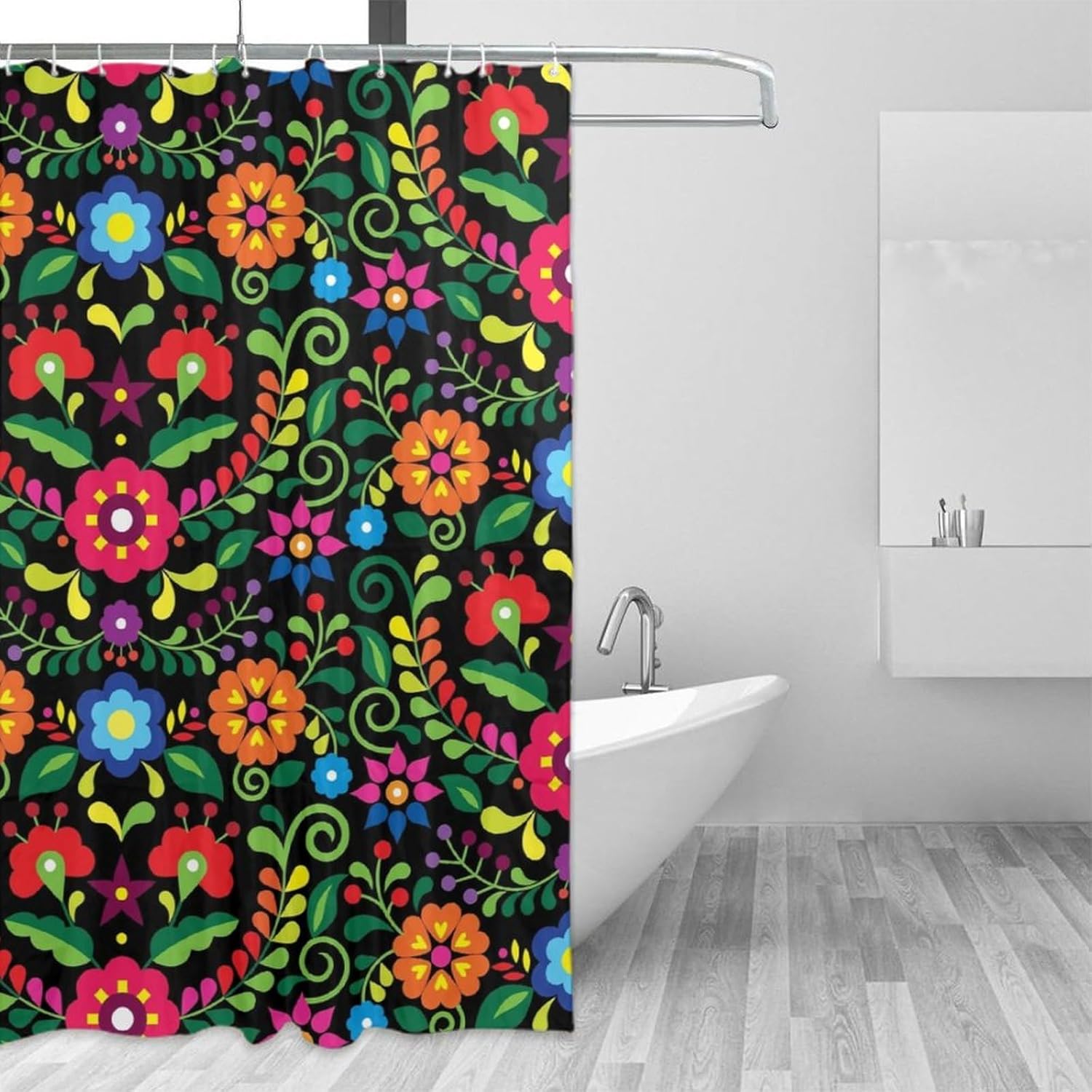 Abstract Flower Shower Curtain,Bohemian Retro Mexican Folk Art Vintage Floral Print Shower Curtain for Bathroom Decor Fabric Waterproof Upholstery Hook 66x72in
