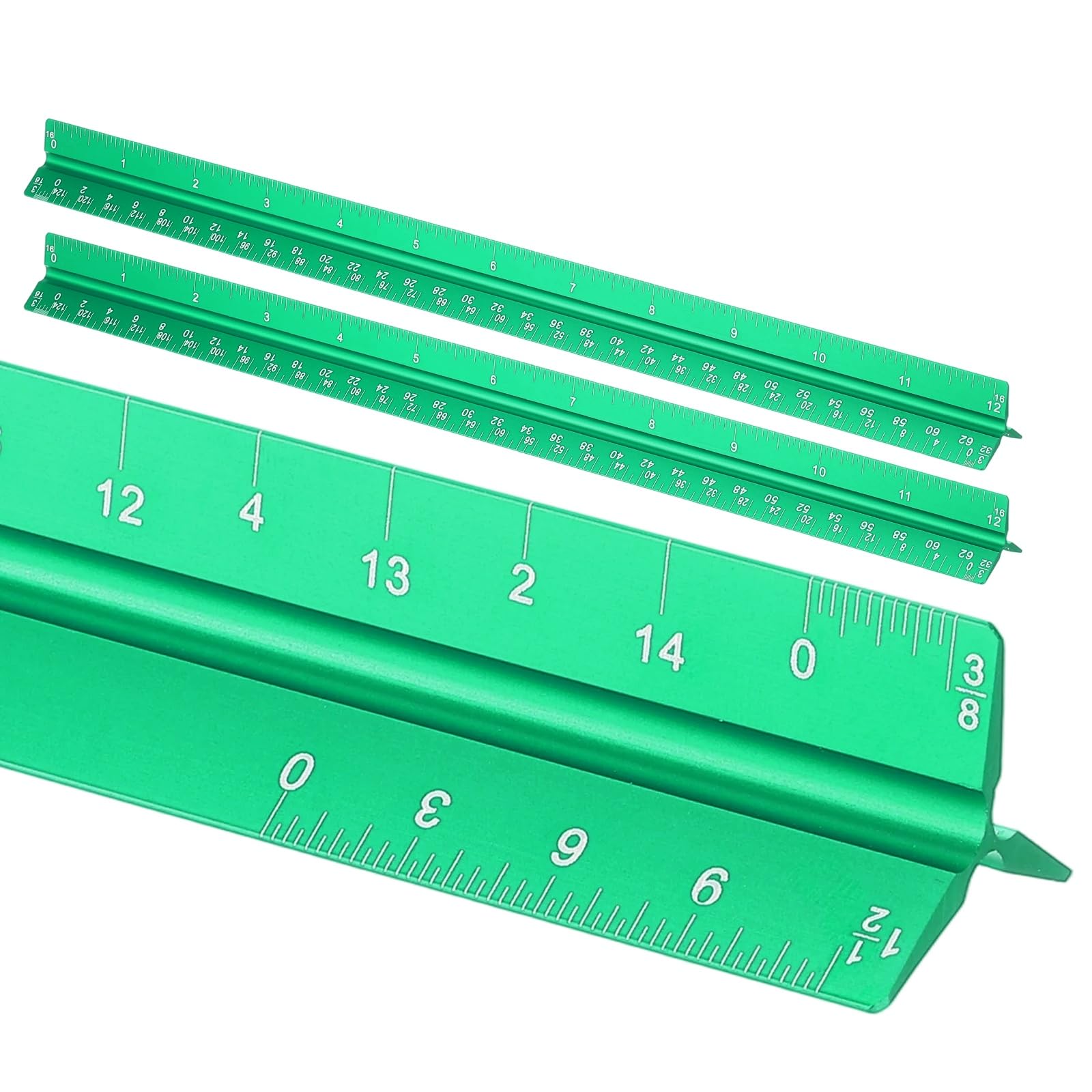 sourcing map 2 Pcs Architectural Scale Ruler, 12 Inch Standard Aluminum Alloy Architect Triangular Small Scale Laser-Etched Blueprint Drafting Ruler for Architects Engineers, Green
