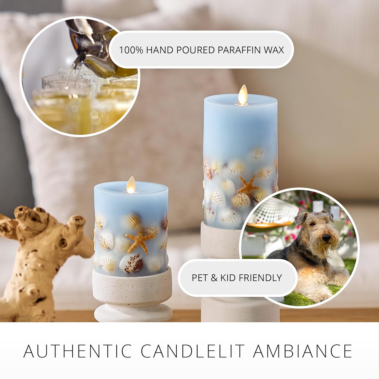 Luminara Flameless LED Candle Soft Chambray Embedded Seashell & Starfish Moving Flame Pillar Unscented Real Wax with Recessed Edge (6.5-inch)