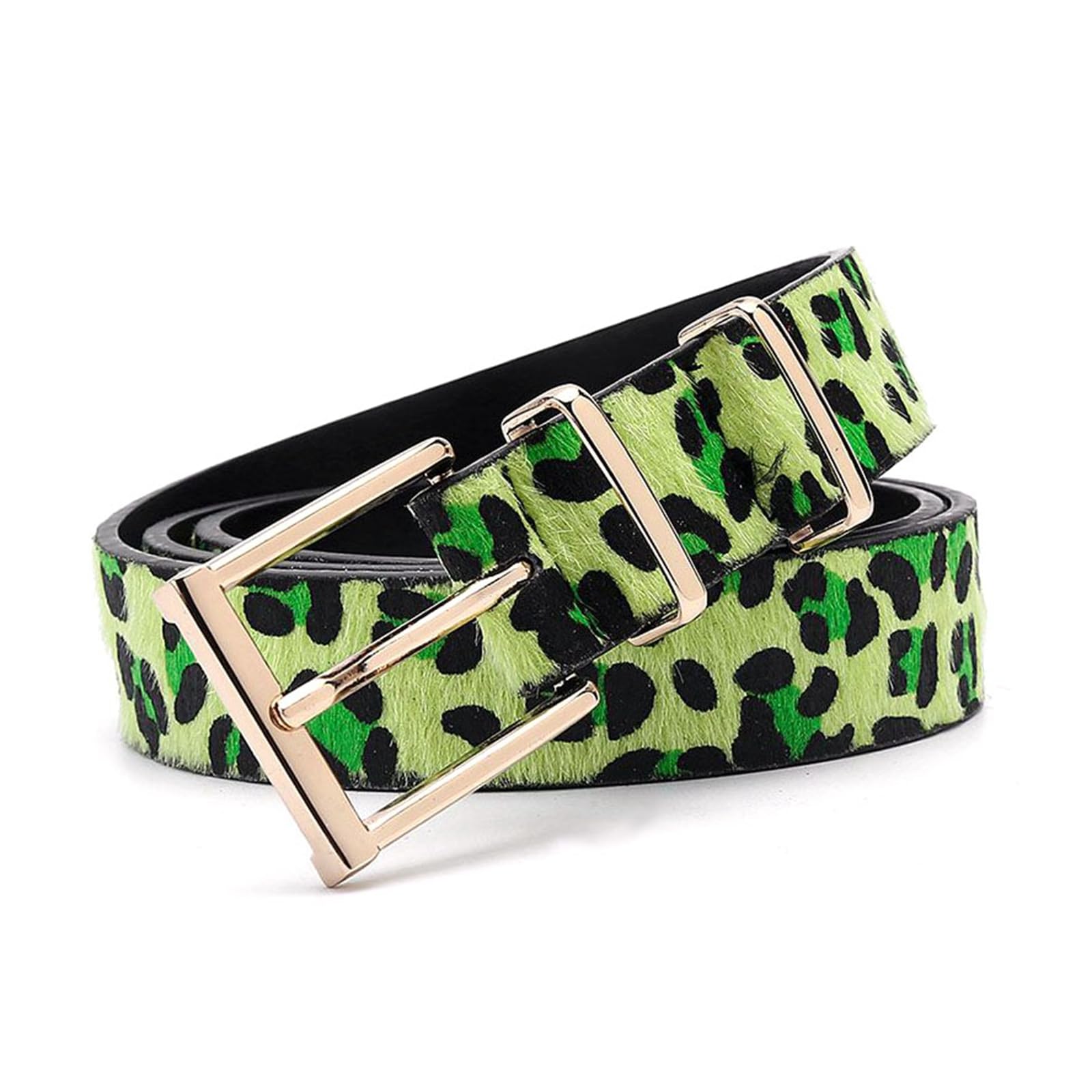 Rodsah Women's Leopard Print Leather Belt 2.9cm Wide with Gold Buckle, Casual Jeans Waistband,Green,85cm