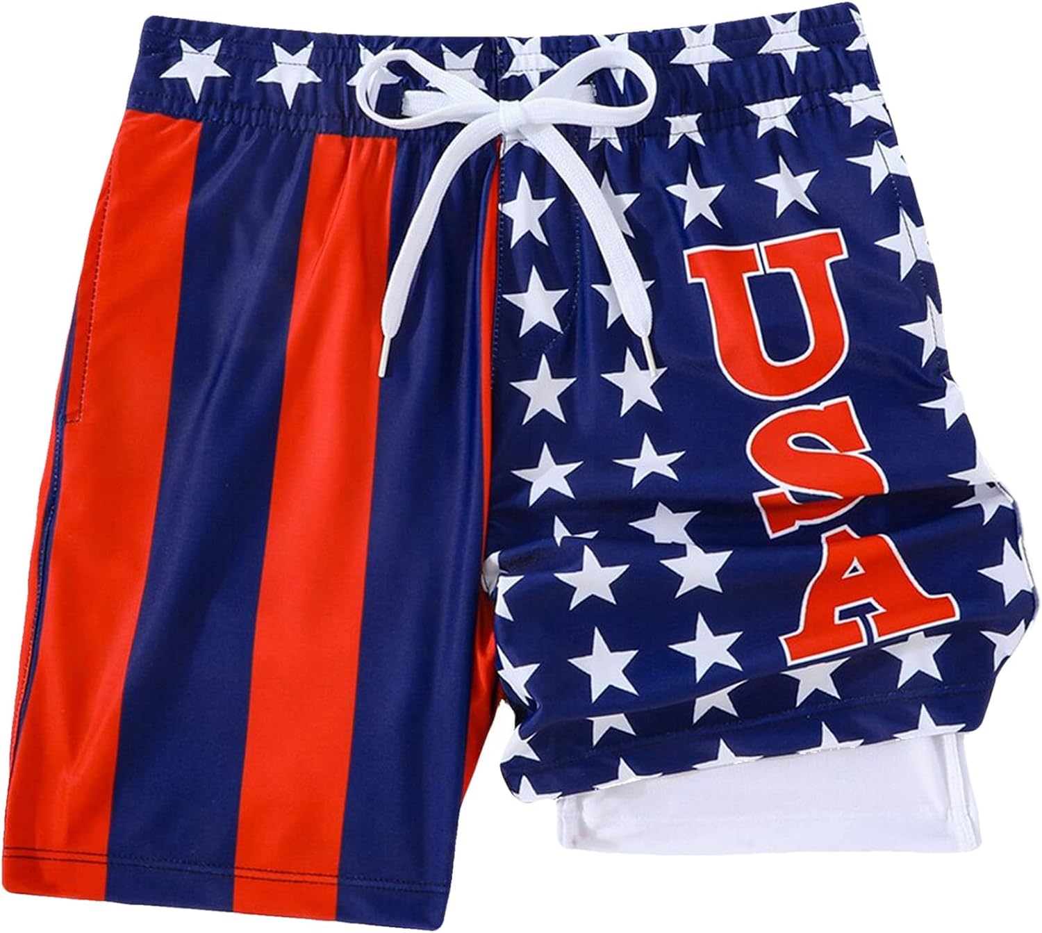 Boys USA Flag Swim Trunks Quick Dry Board Shorts with Compression Liner Bathing Suit Kids Beach Swimsuits