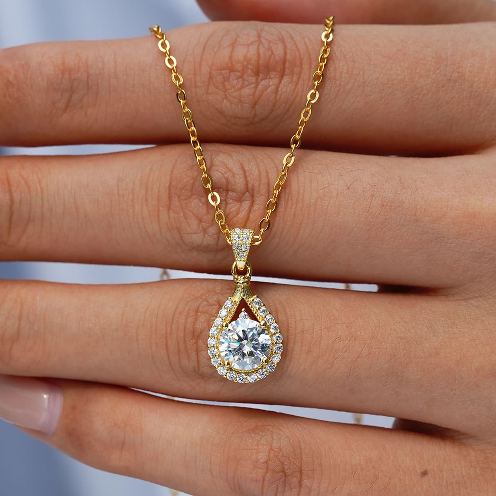 Catena Collana Donna, Oro giallo Collana Donna Ciondolo a goccia con alone e moissanite rotonda da 1 carato