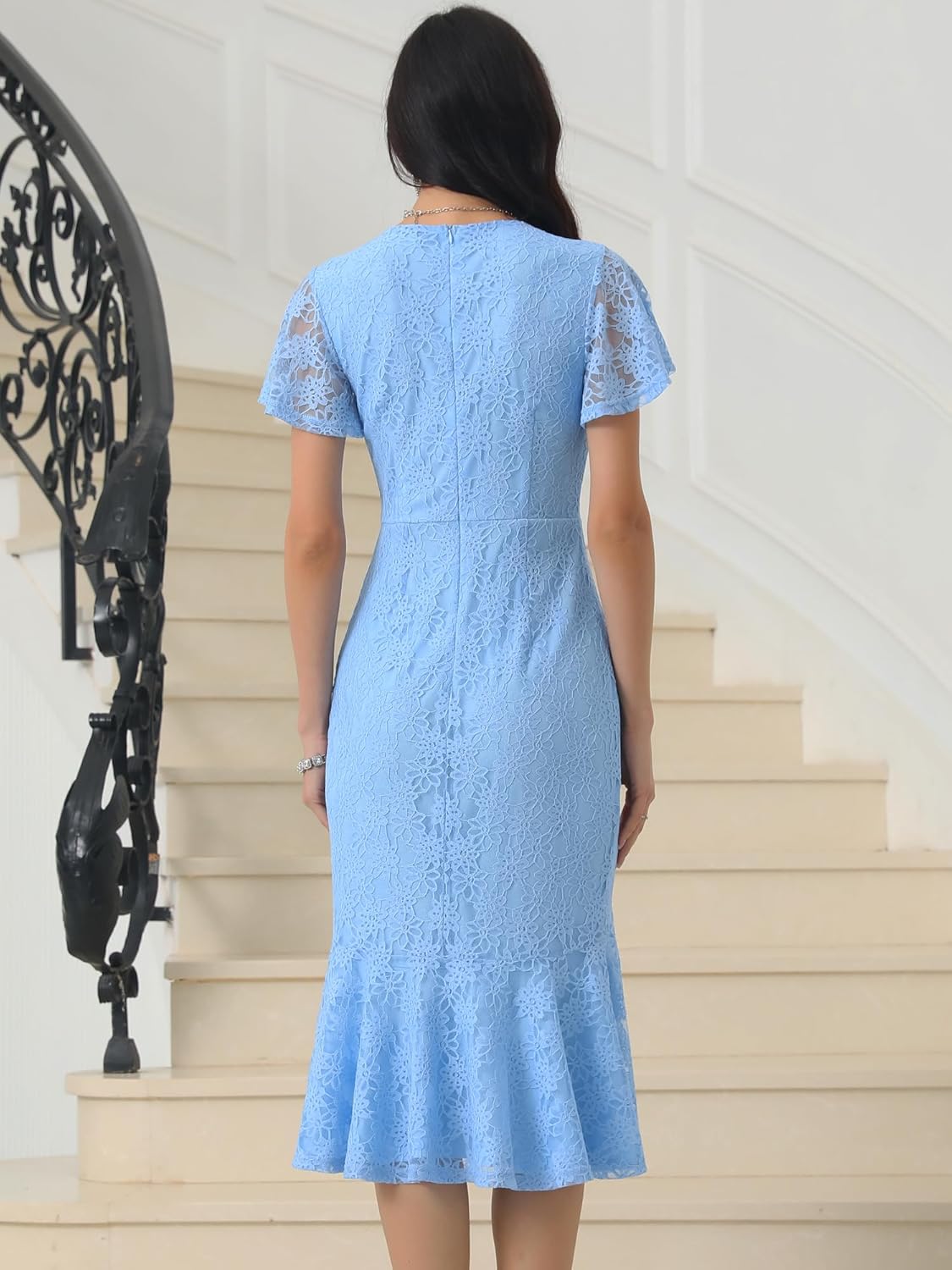 Womens' Lace Floral Dresses Fishtail Formal Cocktail Short Sleeve Midi Dress - Image 4