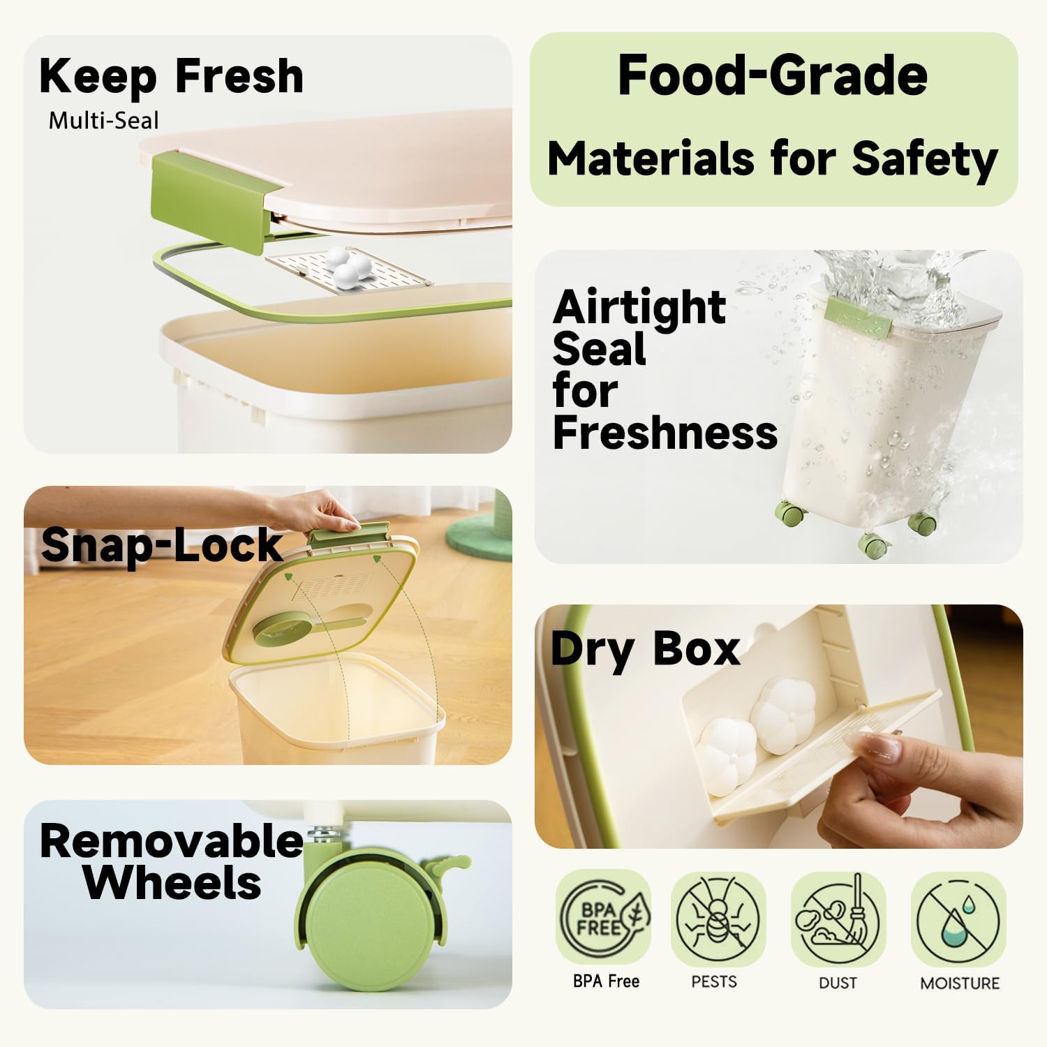 LivLab Mker Large Rice Storage Container 30-40 lbs, Airtight Dry Food Storage Bin with Lids, Great for Pet/Cat/Dog Food Storage Dispenser 25 lbs, Detachable wheels, Easy Mobility, BPA Free, Green