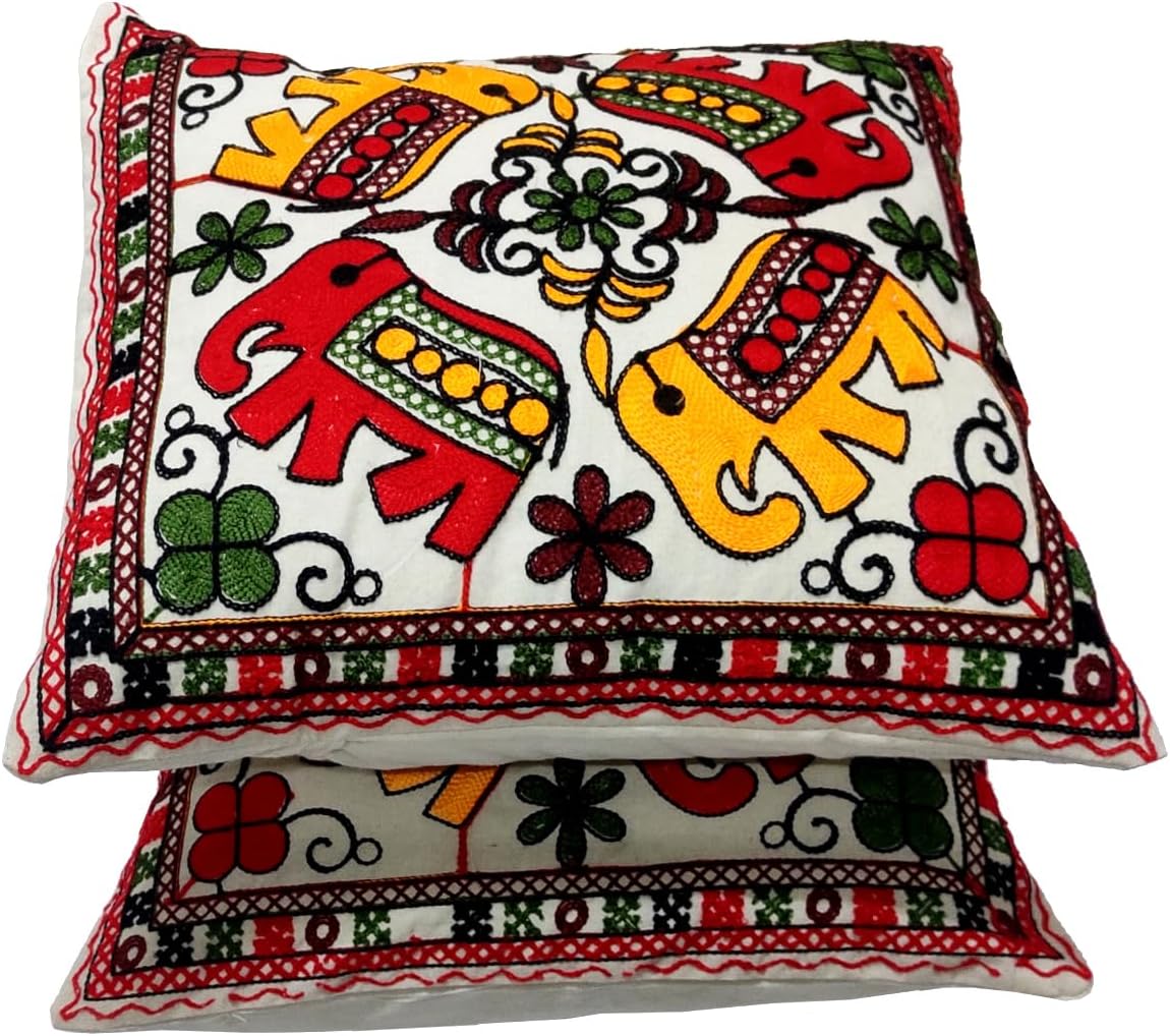 Purpledip Cotton Throw Pillow Cushion Covers 'Moonlight Saga': Ethnic Design Embroidery, Set of 2, 16 Inches (12445I)