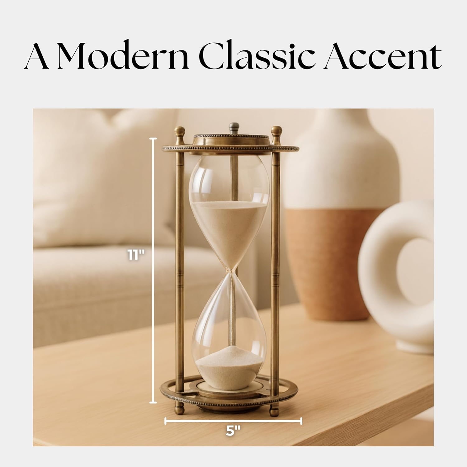 Verlice Hourglass Decorative Object with Aluminum Frame – Glass & Metal Sand Timer Modern Home Decor – Shelf & Coffee Table Decor for Office & Living Room – 11", Bronze