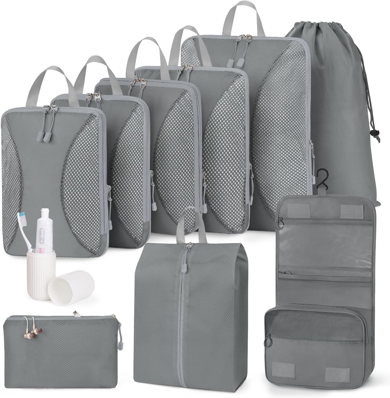 Compression Packing Cubes 10 Sets, Packing Organizers, Extensible Suitcase Organiser Bags, Travel Organizer Cubes for Travel Essentials Grey