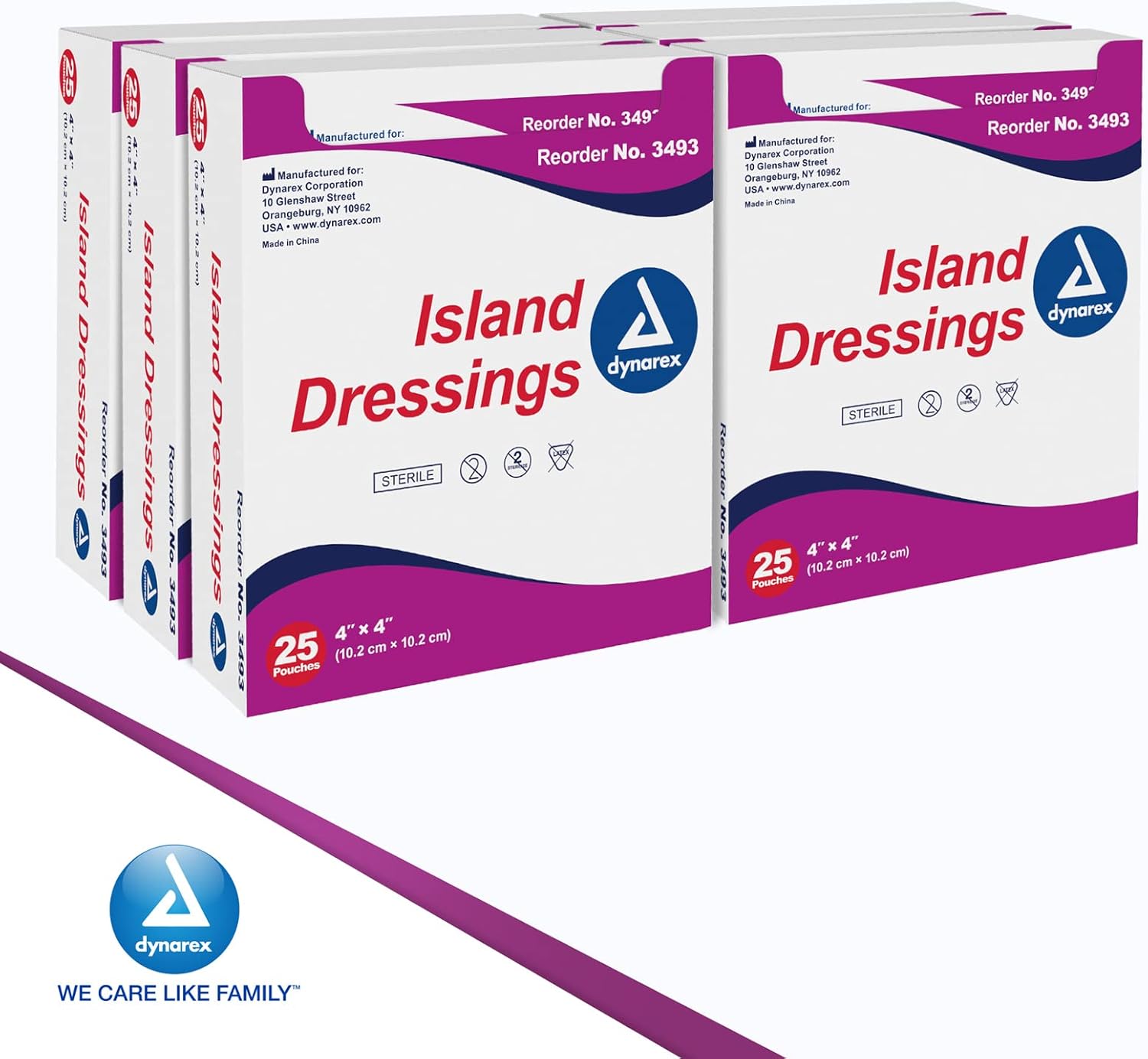 Dynarex Island Dressings – Sterile, Wound or Blister Dressing, Individually Packaged, Highly Absorbent Bandage Dressing, Adhesive Border, White, 4” x 4”- 6 Boxes of 25 Dressings