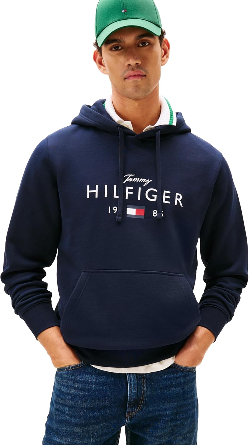 Tommy Hilfiger mens Medium Weight Cotton Hoodie Sweatshirt With Printed Logo and Drawstring