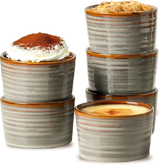 Hasense Ramekins 8 oz Oven Safe for Creme Brulee, Ceramic Souffle Dish Oven Safe Set of 6,Porcelain Dipping Sauce Bowls for Pudding, Creme Brulee, Souffle, Serving Dip, Custard, Ice Cream(Blue)