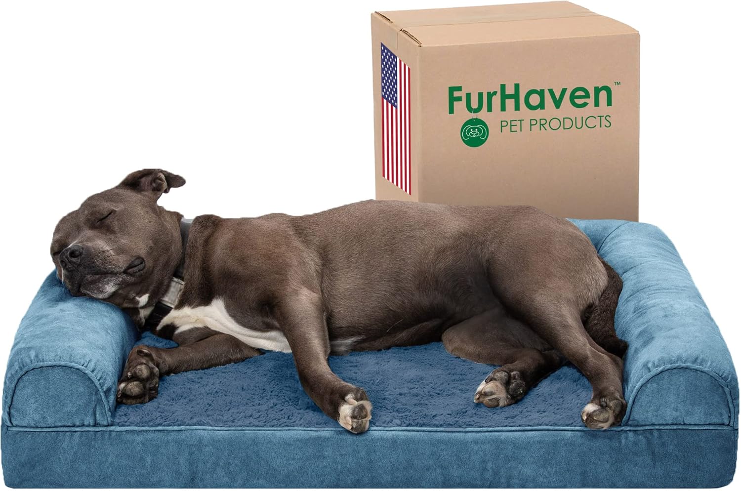 Furhaven Orthopedic Dog Bed for Large/Medium Dogs w/ Removable Bolsters & Washable Cover, For Dogs Up to 55 lbs - Faux Fur & Velvet Sofa - Harbor Blue, Large Large Harbor Blue