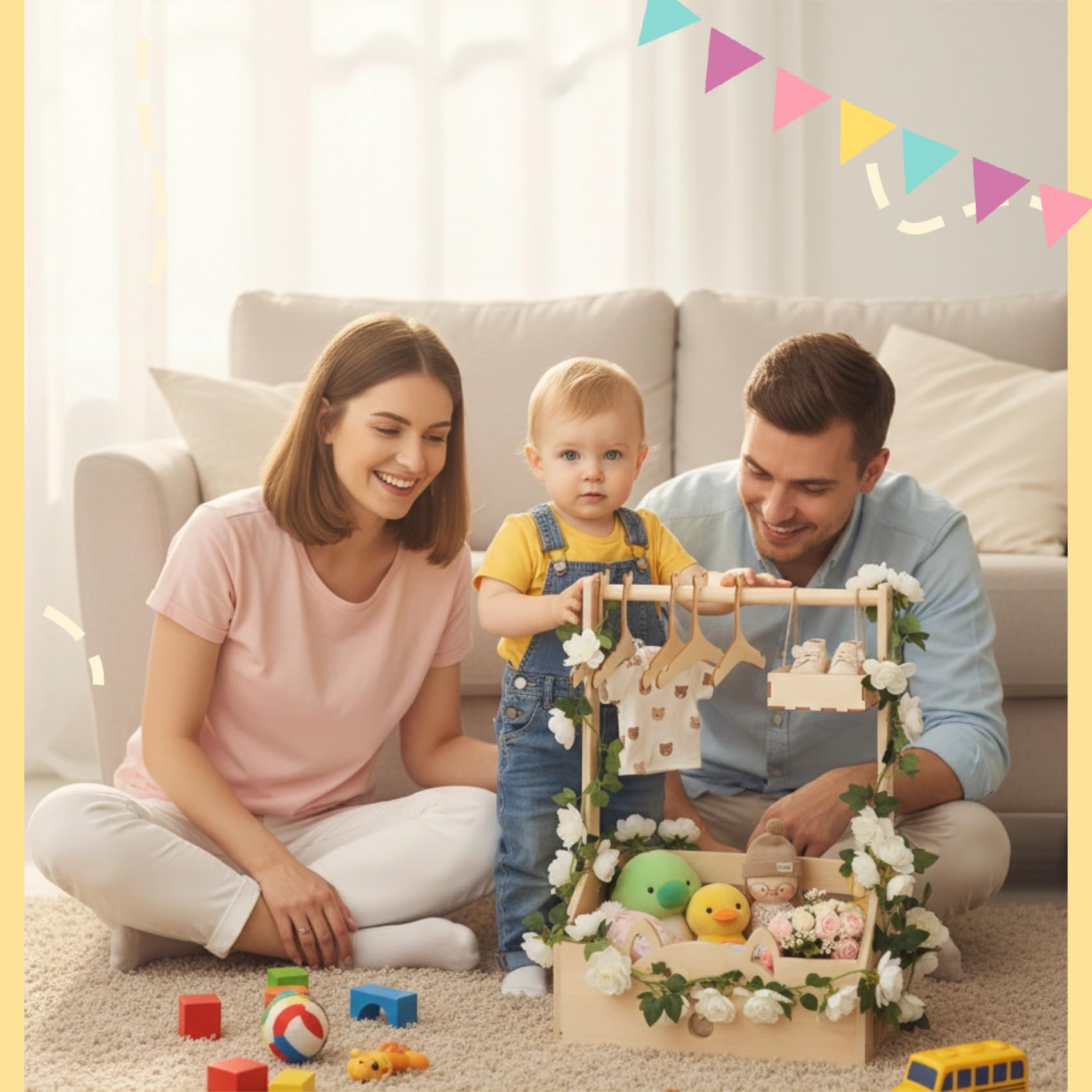Panier cadeau en bois, baby shower en bois avec poignée, cintres pour enfants, guirlande et petit tiroir pour nouveau-né baby shower nouveaux parents (boîte en bois de roses blanches)
