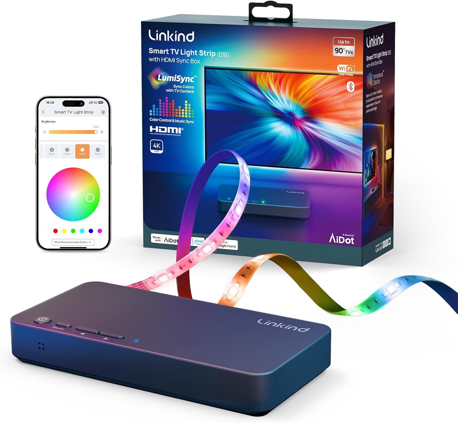 HDMI 2.0 Sync Box, AI Sync Box with TV Backlight, Sync to Movies, Games & Music, Supports 4K@60Hz, Works with Matter and Alexa, Segmented Color Lighting LED Strip 27-90 Inch TVs