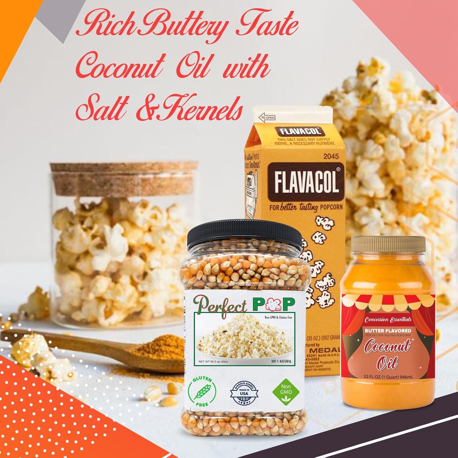 (Exp date 03/26/2027) Perfectware Popcorn Kit- (Includes 35oz Popcorn Season Salt, 4lbs Yellow Kernels, and 32oz Butter Flavored Coconut Oil, Plain,PW-Popcorn Kit-3 21.33 Ounce (Pack of 3)