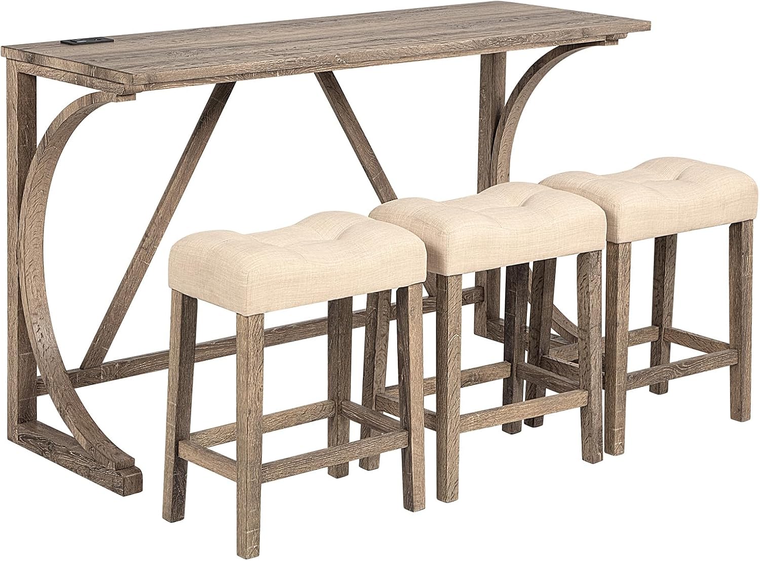HMFULE 4 Piece Bar Table Set with Power Outlet, 59'' Dining Bar Table and Chairs Set, Industrial Breakfast Table with 3 Padded Stools for Living Room Dining Room Game Room Brown
